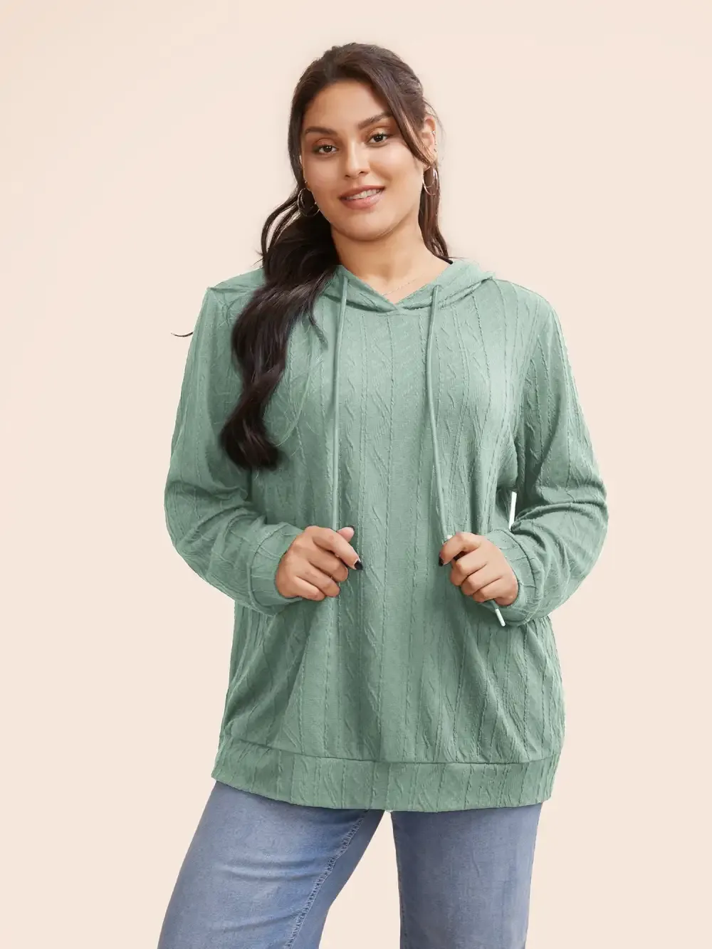 Plain Textured Hooded Drawstring Sweatshirt