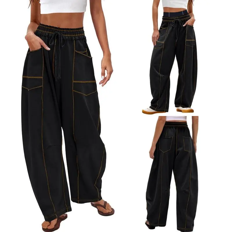 Womens Baggy Barrel Pants Wide Leg Lounge Drawstring Sweatpants with Pockets