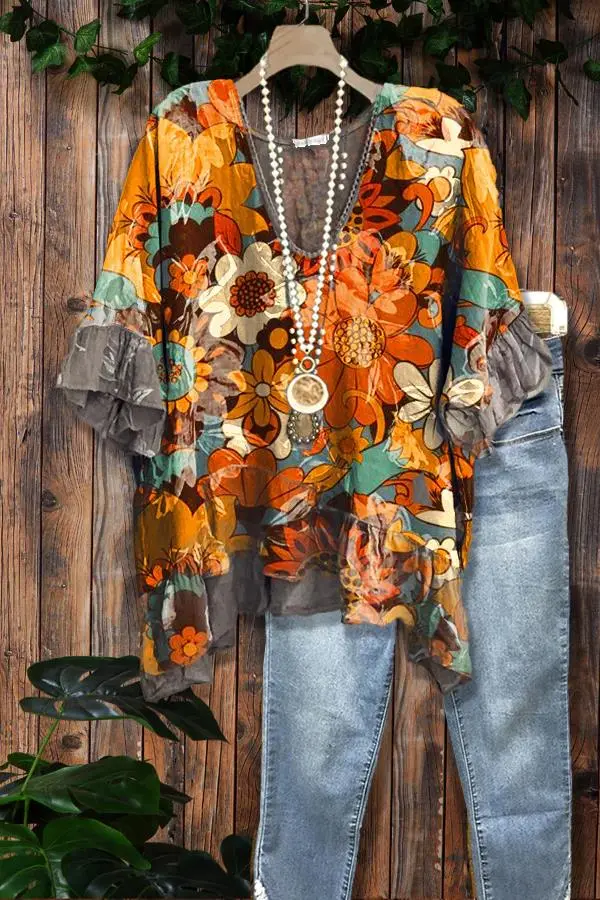 Casual Floral Print Paneled Ruffled Top