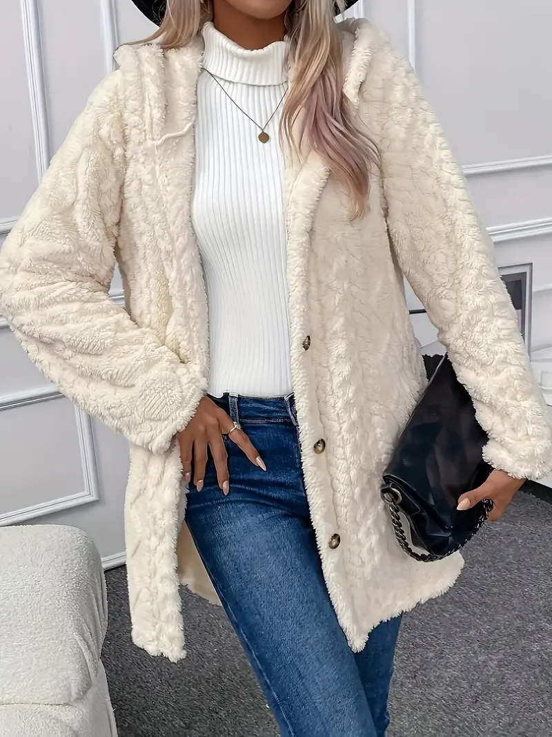 Luxurious Faux Fur Teddy Coat - Elegant Long Sleeve Split Side Hooded Outwear for Women - Soft, Warm, and Chic Winter Clothing