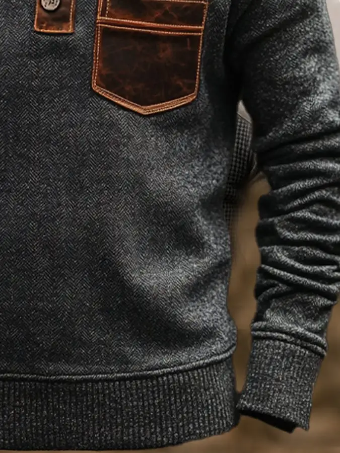 Men's Vintage Herringbone Leather Button-Down Stand Collar Long Sleeve Top