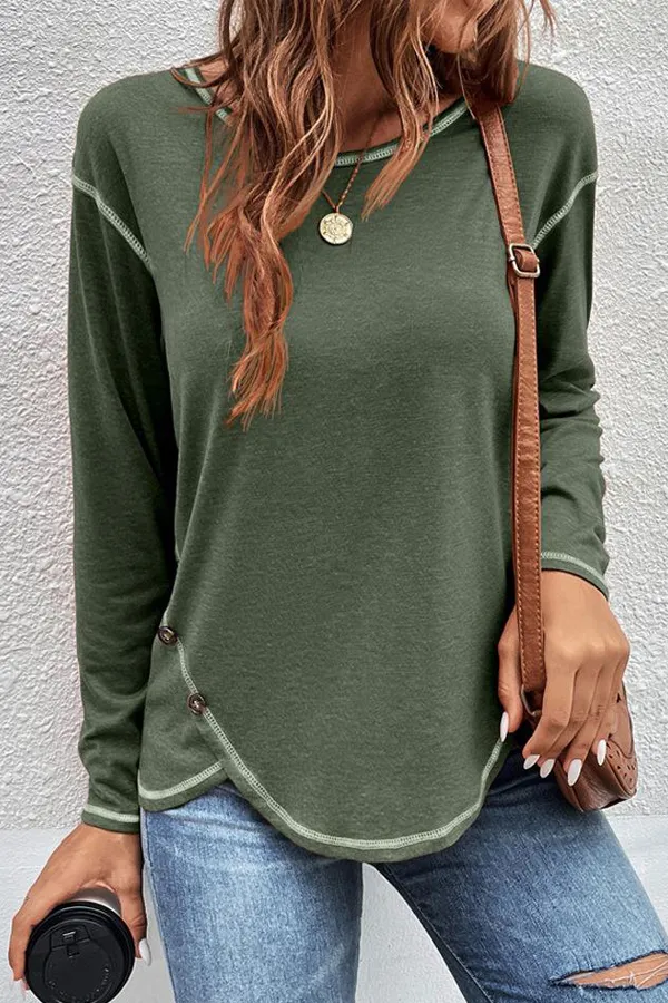 Casual Button Detailed Long Sleeve Irregular Top