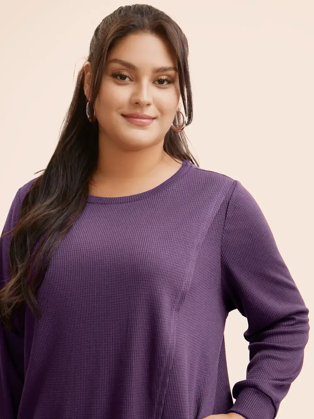 Solid Waffle Knit Overlap Hem T-Shirt