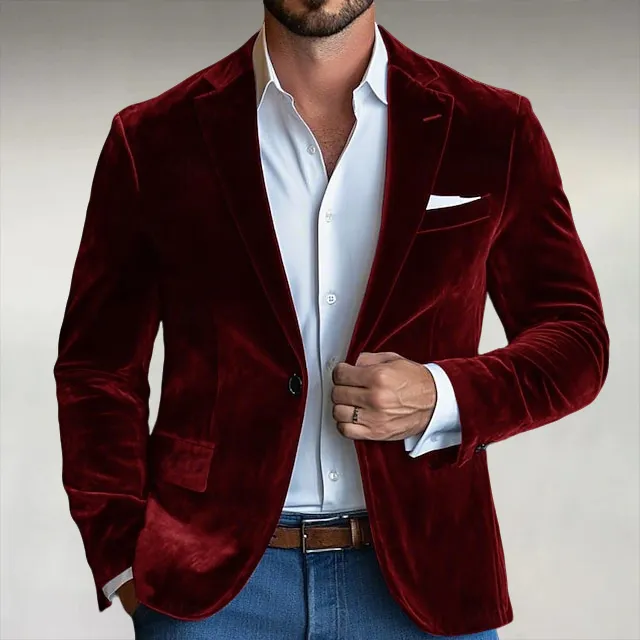 Men's Burgundy Velvet Notched Lapel Single Breasted Chest Pocket Long Sleeve Blazer