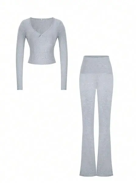 Fall/Winter Elegant 2-Piece Set: Slim-Fit V-Neck Long Sleeve Crop Top & Plain Pants