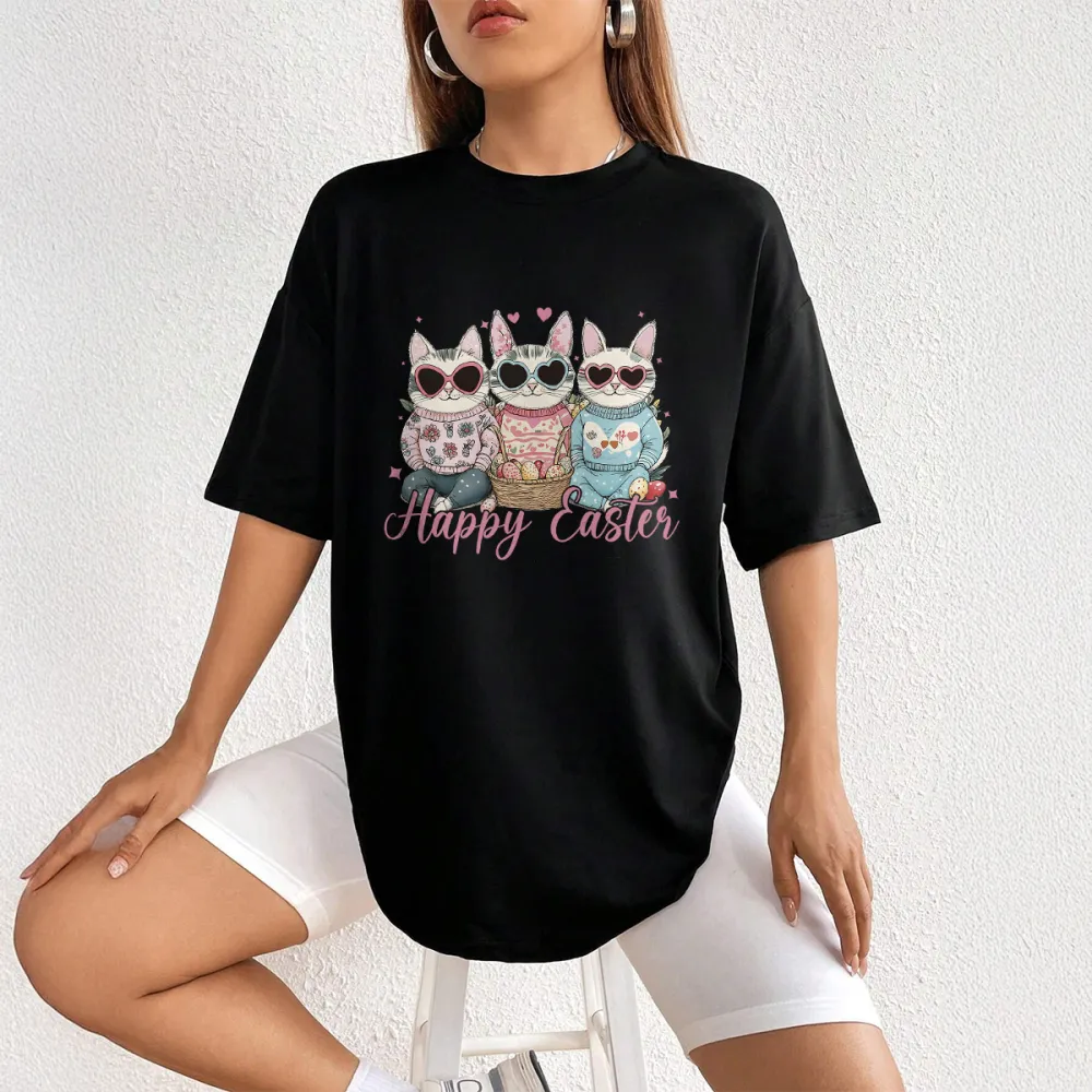 Happy Easter For Cats Printed Round Neck Short Sleeve T-Shirt