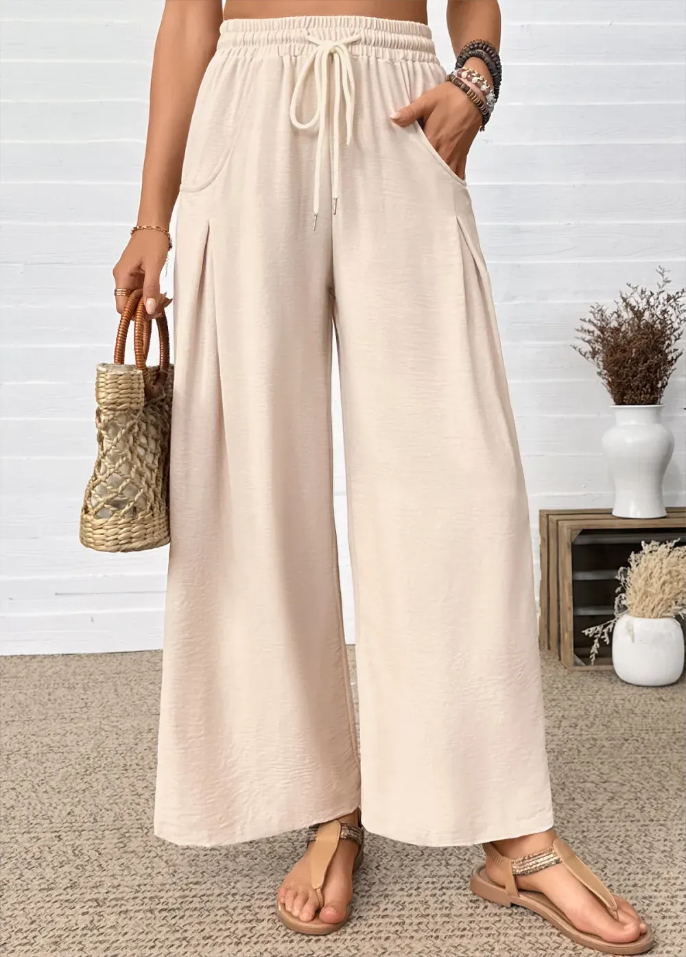 Raw White Wide Leg Elastic Waist High Waisted Pants