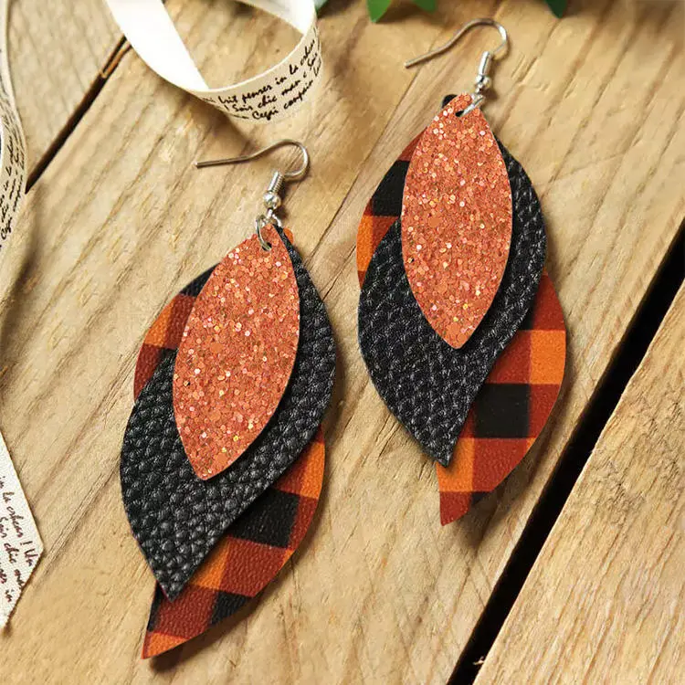 Glitter Plaid Multi-Layered Leather Earrings