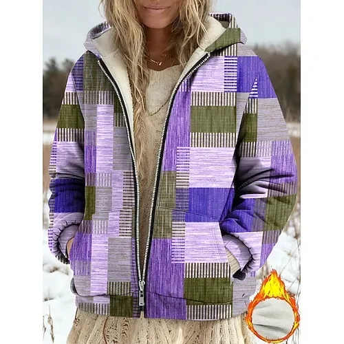 Women's Winter Coat Fleece Jacket Casual Jacket Warm Zipper Pocket Print Fashion Casual Floral Street Casual Regular Hoodie Loose Fit Long Sleeve Outerwear Blue Purple Green Spring Fall