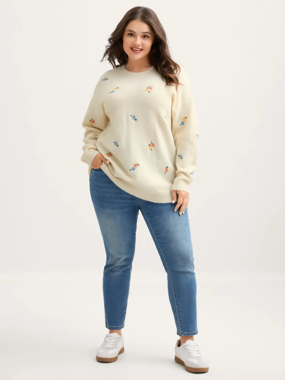 Micro Floral Embroidery Ribbed Hem Pullover