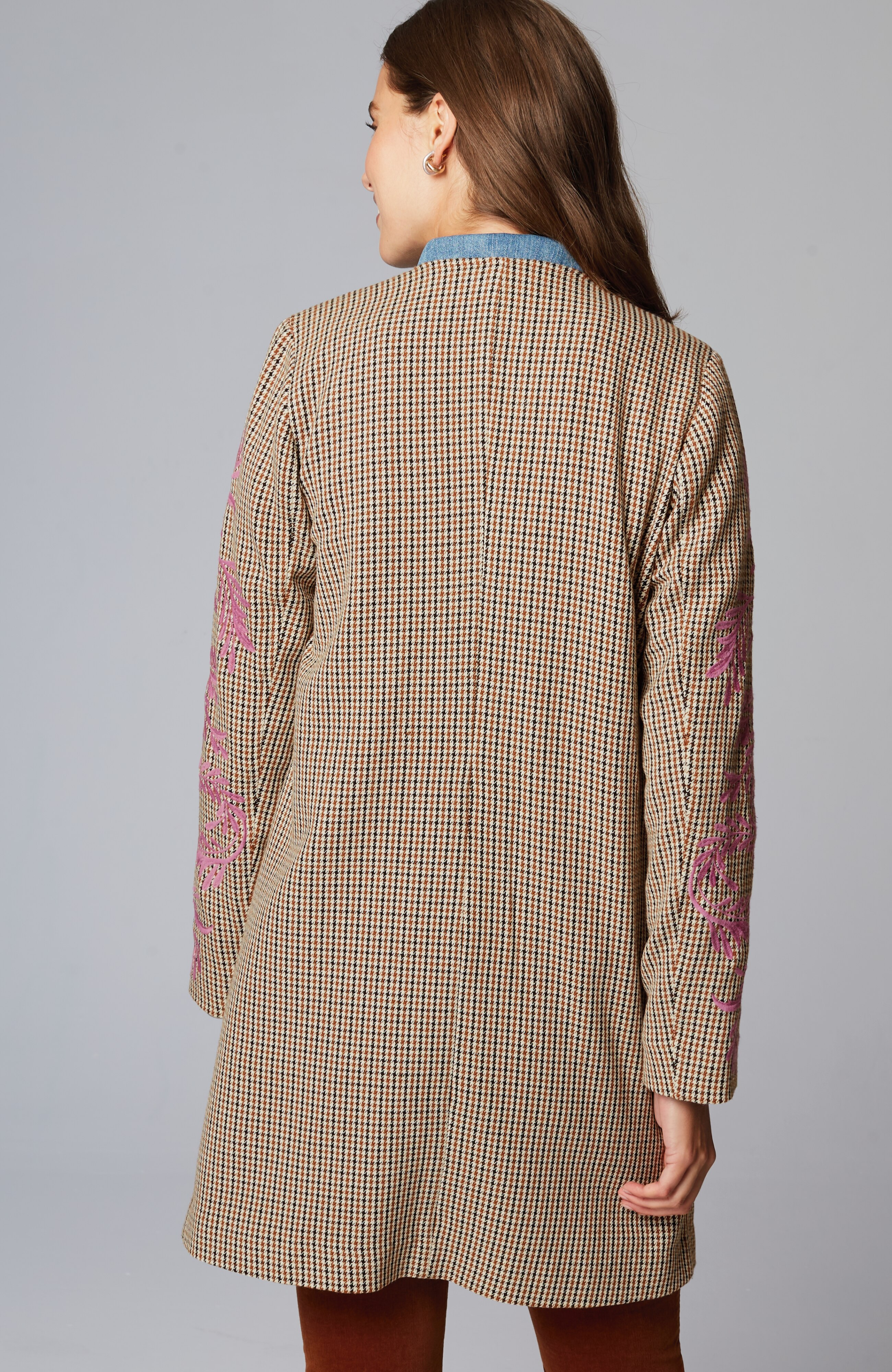 Embroidered Plaid Snap-Front Jacket