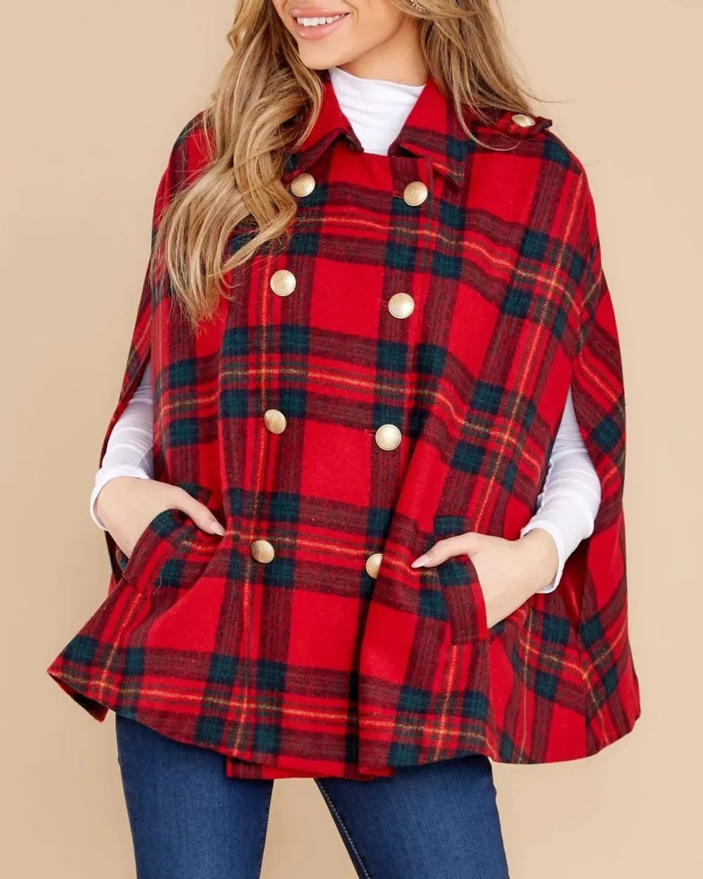Women's Plaid Double Breasted Winter Cape Turn Down Poncho Coats(Buy 2 Free Shipping)