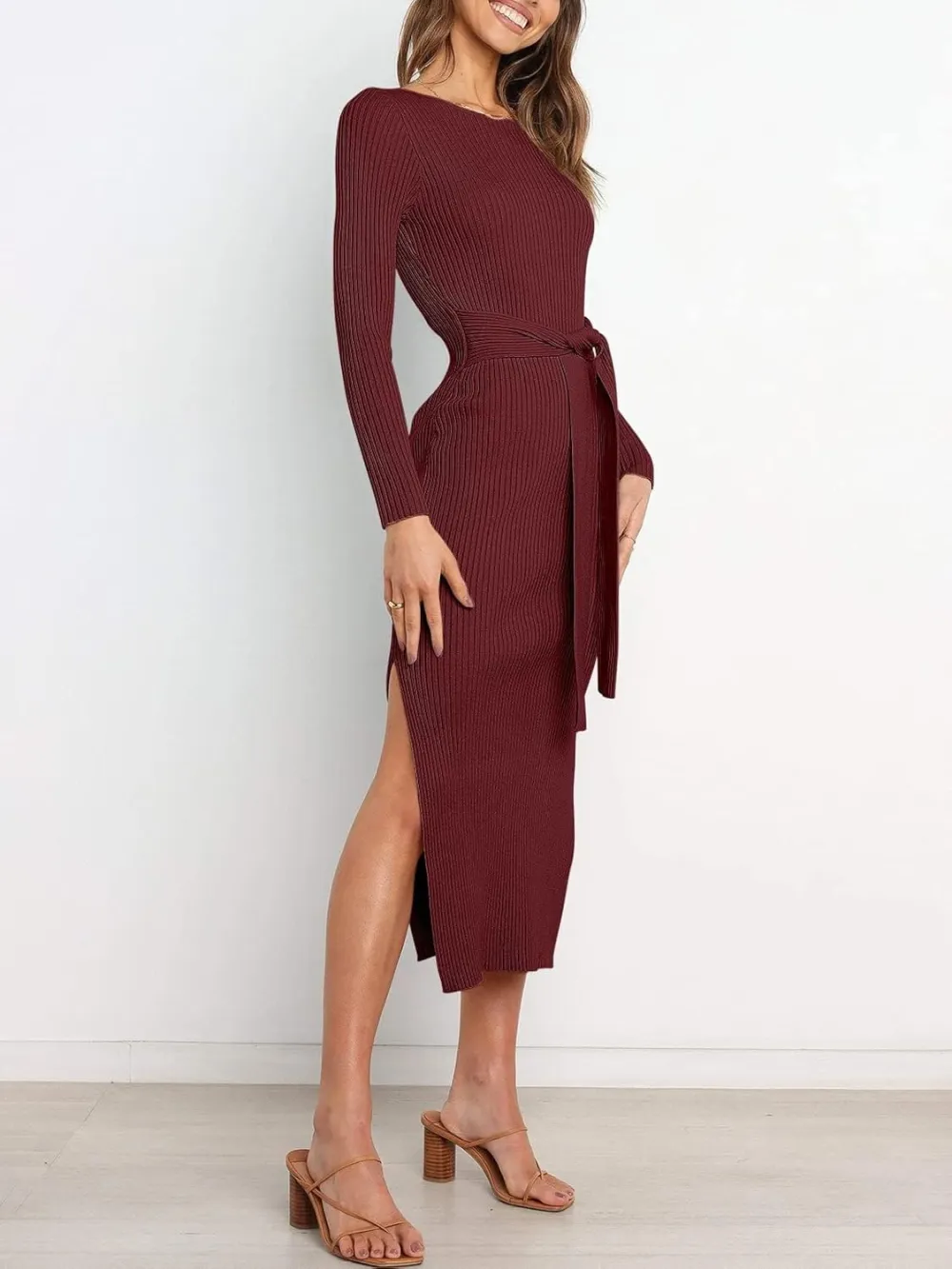 Long Sleeve Sweater Dress Crew Neck Slim Fit Slit Tie Waist 2024 Ribbed Knit Bodycon Midi Dress Fall Outfits