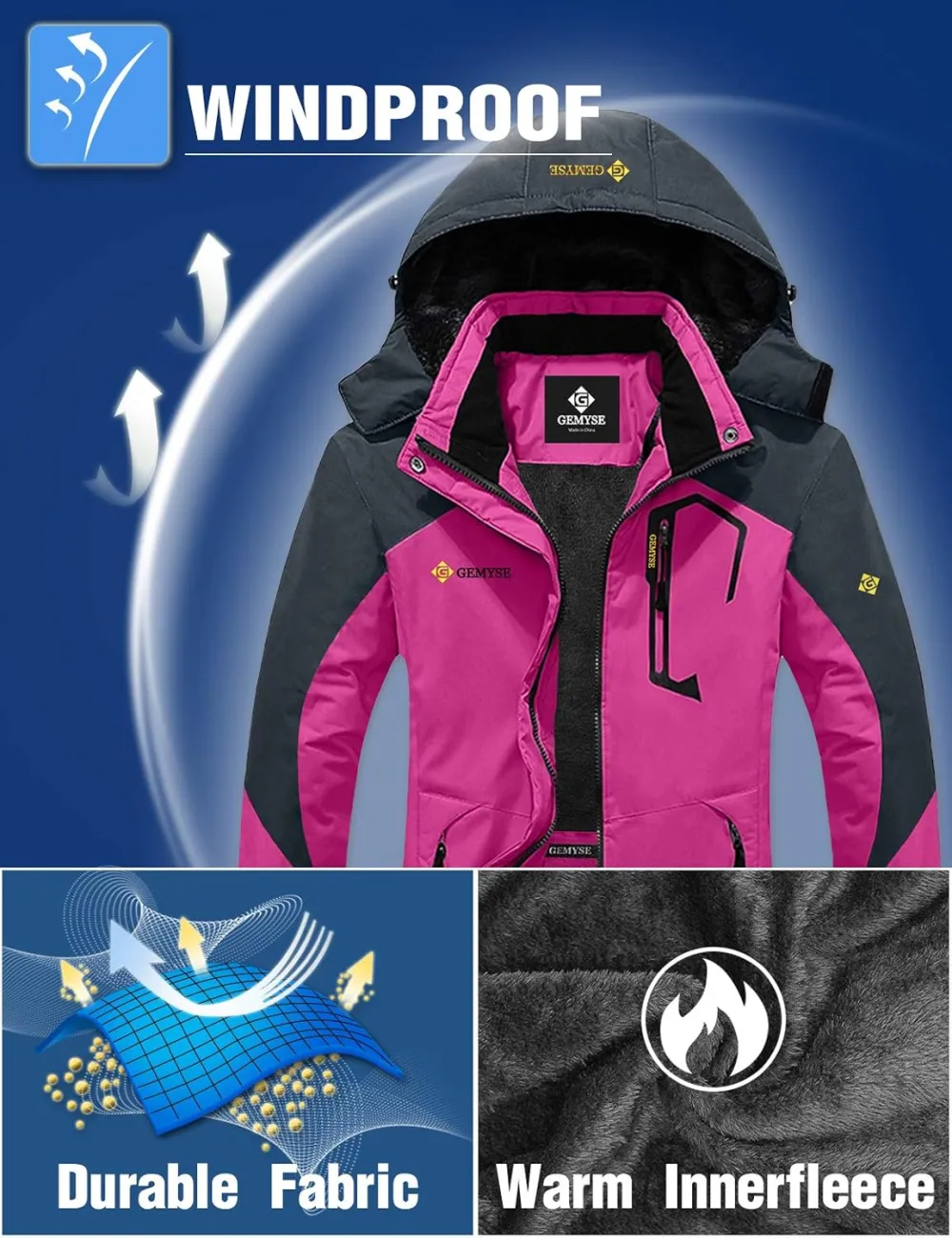 Women's Ski Snow Jacket Warm Winter Waterproof Coat Snowboard Rain Jacket Hooded Windproof Windbreaker