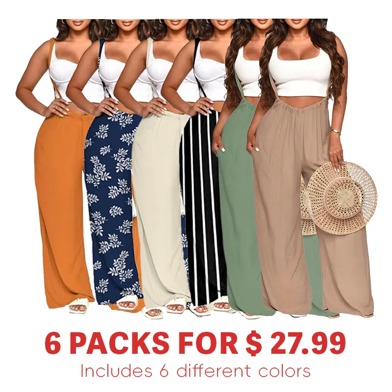 Womens Jumpsuit Casual Loose Sleeveless Adjustable Spaghetti Straps Wide Leg Pants Baggy Overalls With Pockets