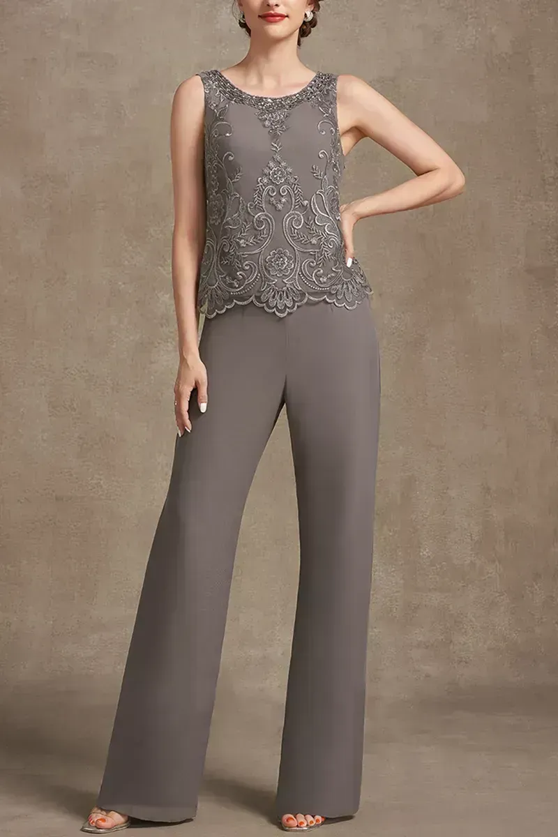 Plus Size Embroidery Chiffon Three Pieces Set Pant Suits