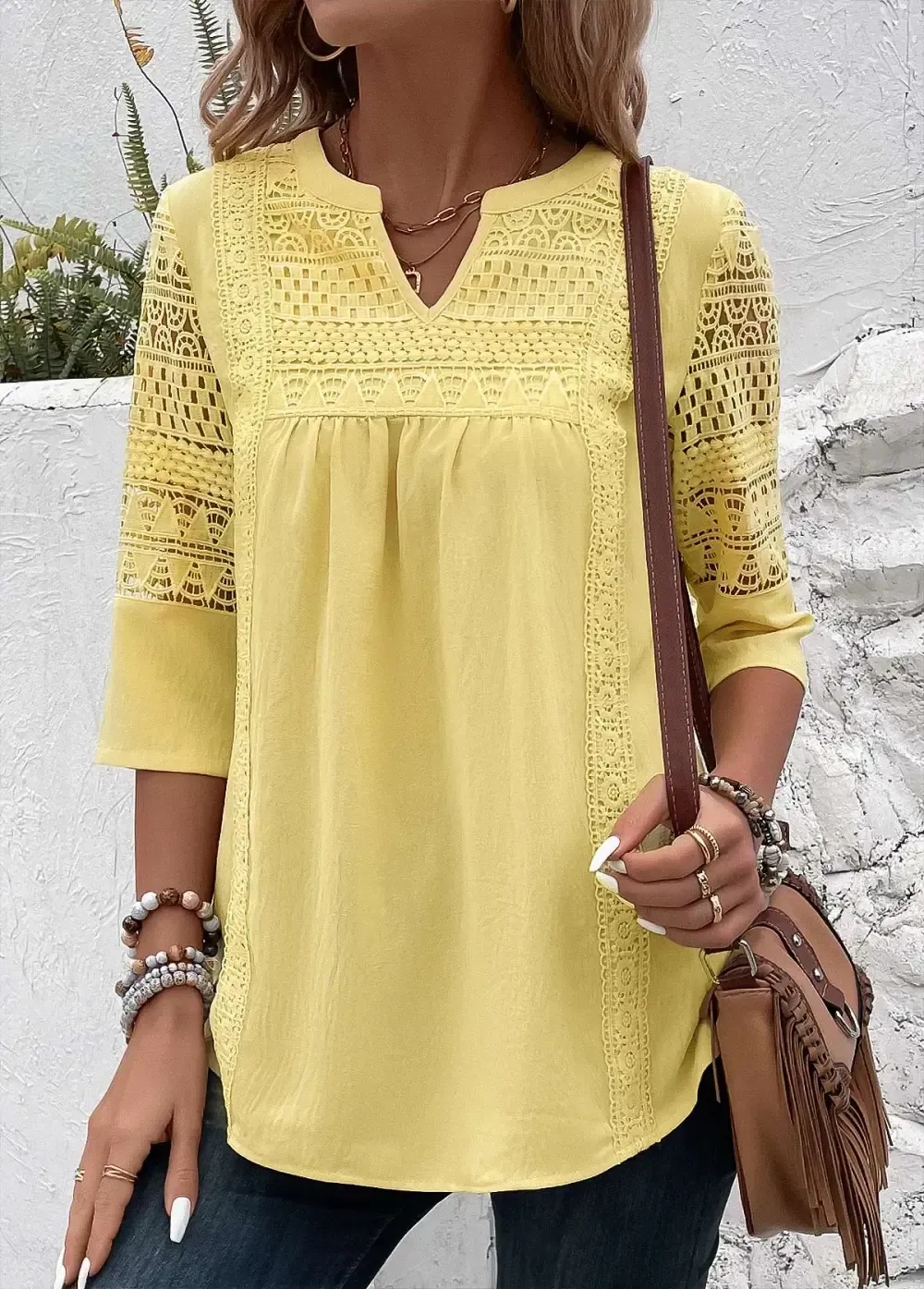 Light Yellow Patchwork 3/4 Sleeve Split Neck Blouse