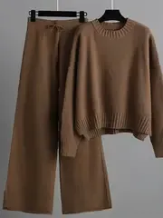 Cozy Knit Pants Set - Soft Long Sleeve Crew Neck Drop Shoulder Sweater, Drawstring Waist Wide Leg Pants, Comfortable Women's Clothing Outfit for Casual Daily Wear
