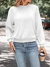 Women's Shirt Blouse Solid Color Basic Casual Long Sleeve Crew Neck Regular Tops Daily Patchwork Black White Beige Fall Winter
