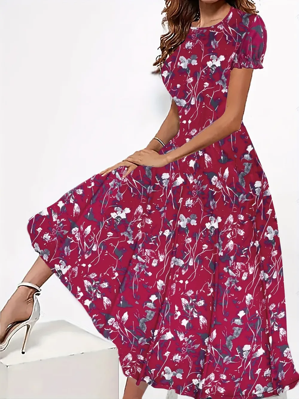 Short Sleeve Floral Print Elegant Crew Neck Dress for Spring & Summer