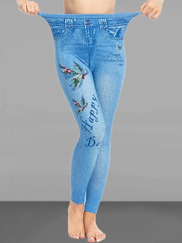 Women's Slim Pants Trousers Leggings Faux Denim Butterfly Pocket Print Full Length High Elasticity High Waist Fashion Streetwear Street Causal Lake Blue Royal Blue S M Summer Fall