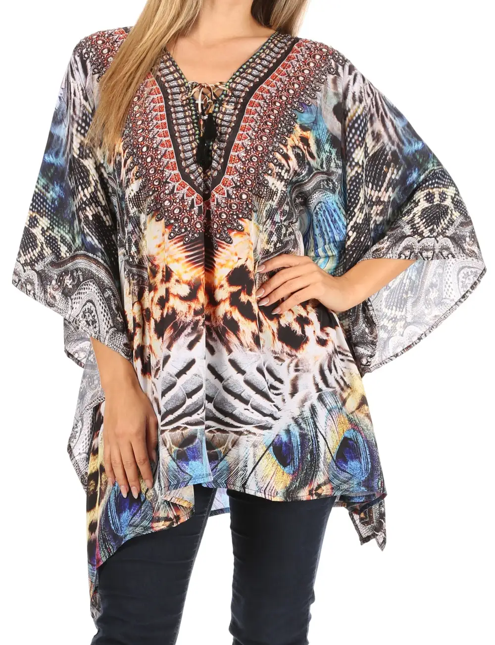 Women's Caftan Poncho Cover up V neck Top Lace up With Rhinestone
