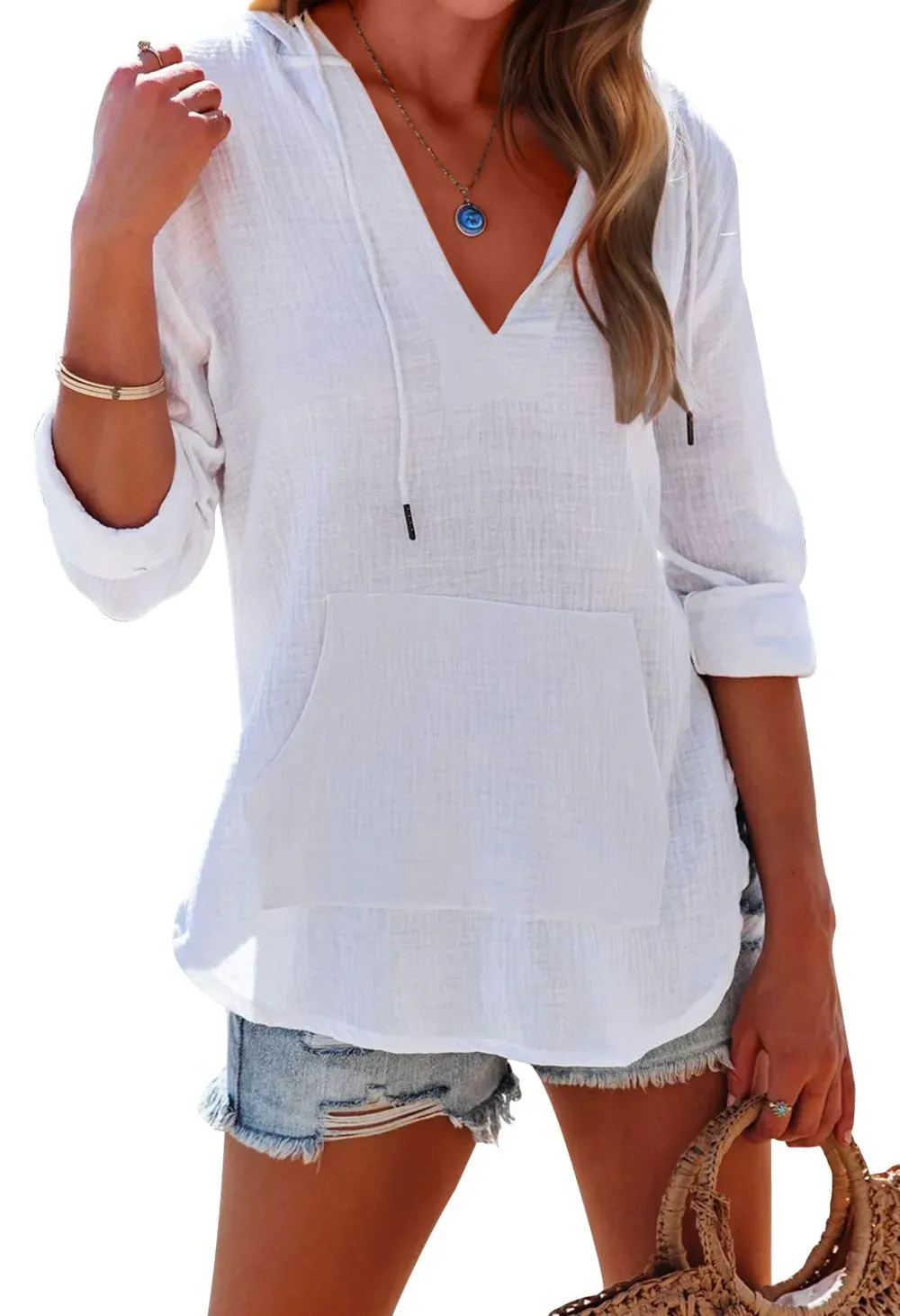 ✨Women's Long Sleeve V Neck Pocketed Hooded Shirt Top