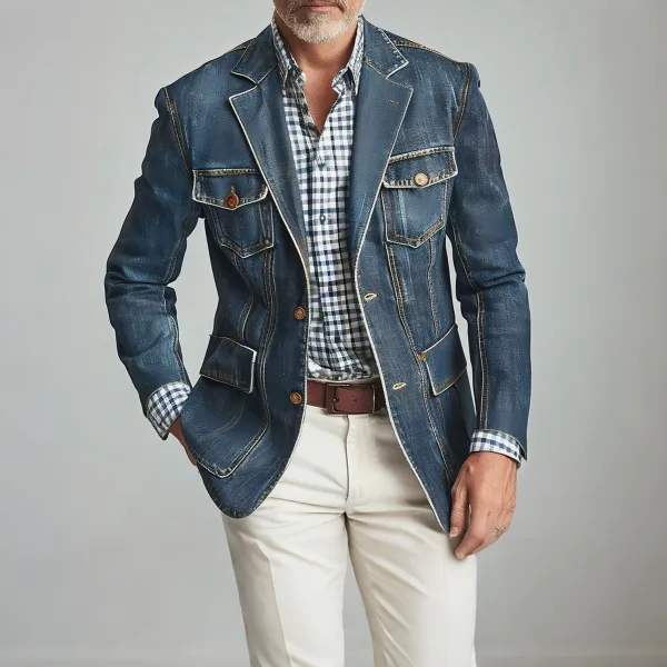 Men's Vintage Denim Notch Lapel Two Button Flap Pockets Long Sleeve Blazer