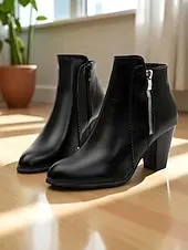 Women's Brown Faux Leather Ankle Boots with Zipper Closure and Block Heel - Stylish Western Fall Footwear for Daily and Casual Outfits