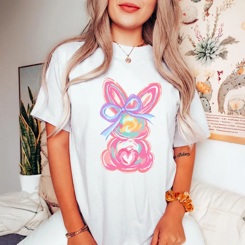 Easter Colorful Bunny Printed Round Neck Short Sleeve T-Shirt