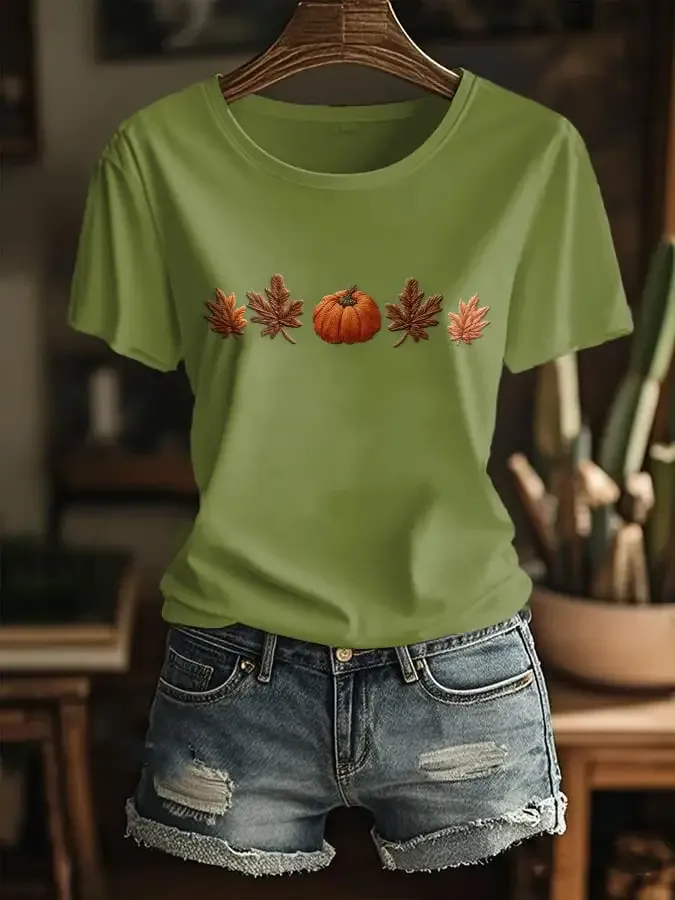 Women's Casual Retro Autumn Pumpkin Maple Leaf T-shirt