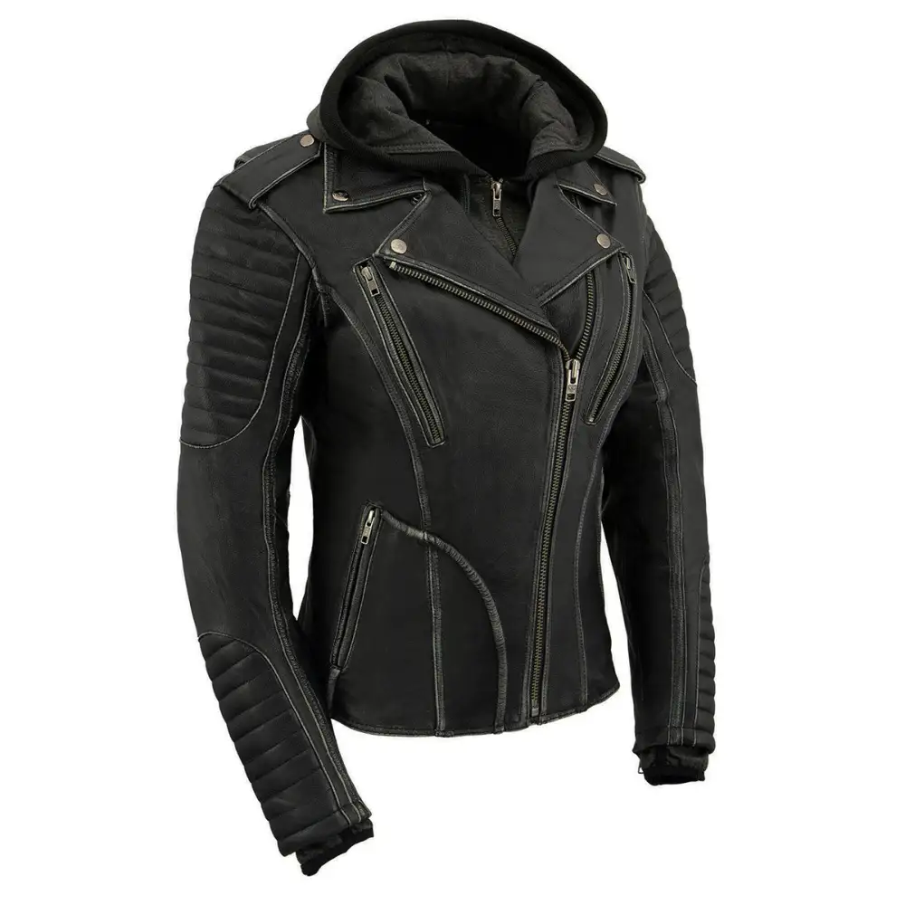 Leather MLL2516 Black Leather Rub-Off Leather Jacket with Hoodie for Women