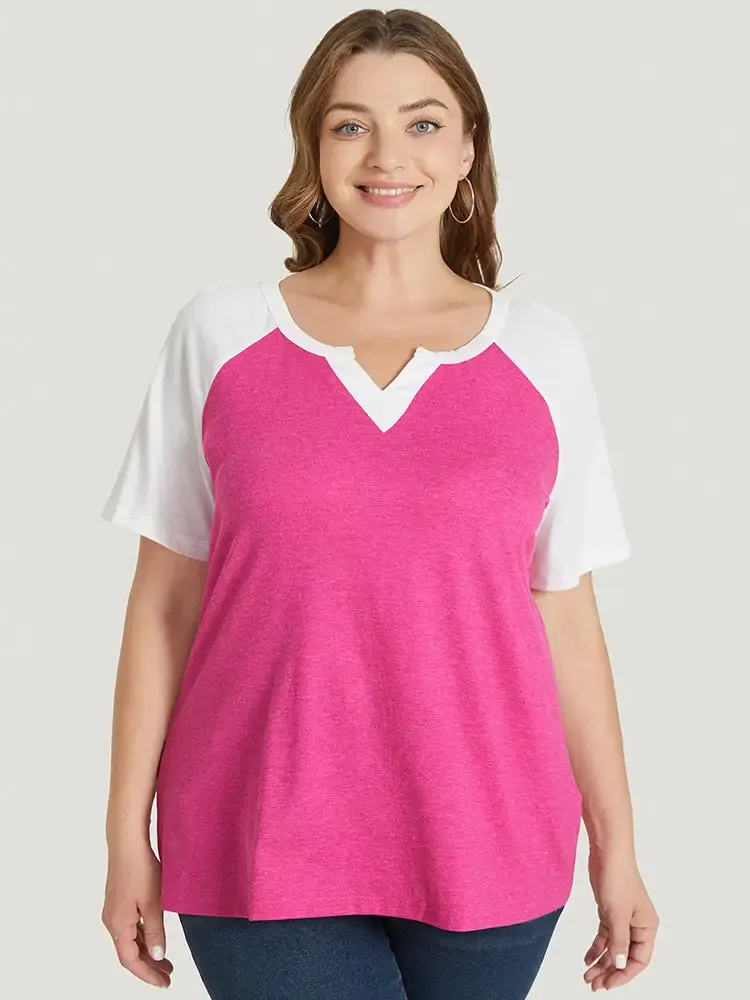 Colorblock Contrast Notched Raglan Sleeve T-shirt