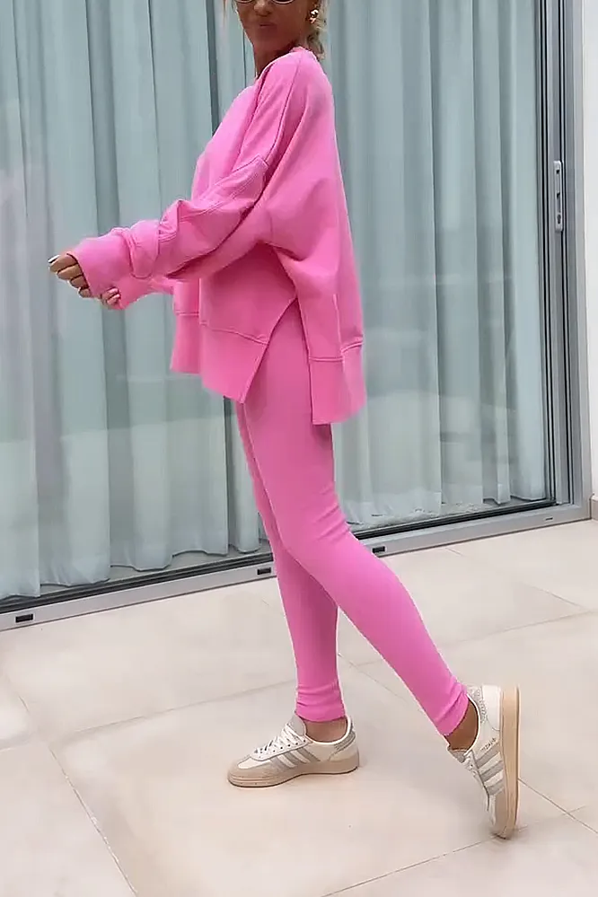 Women's solid color round neck top and pants two-piece set