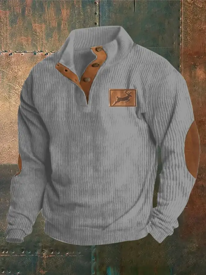 Corduroy Western Style Elk Print Stand Collar Button Down Men's Sweatshirt