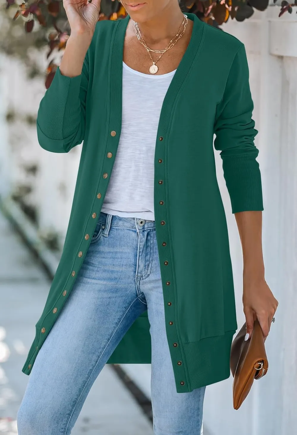 Women's 2024 Fall Long Sleeve Snap Button Down Solid Color Knit Ribbed Neckline Cardigans