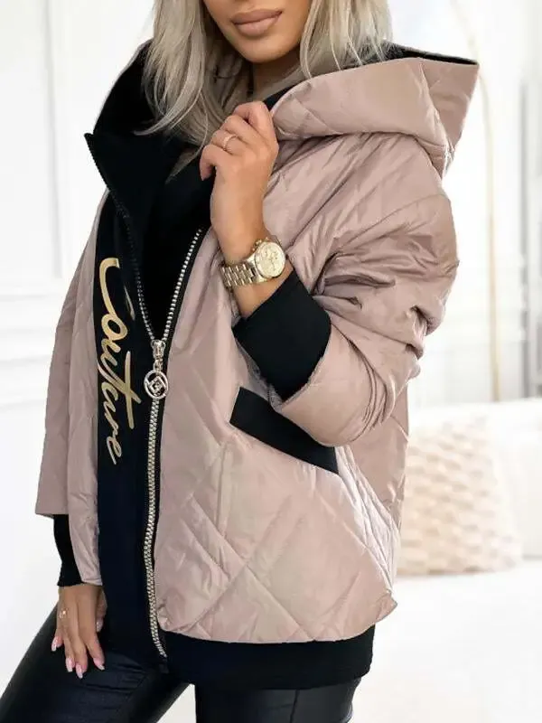 Women's Hooded Zipper Stitching Contrast Color Letter Print Casual Coat