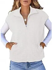 Women's Sweater Sweater Vest Streetwear Casual Solid Color Shirt Collar Zipper Pocket Knitted Sleeveless Regular Tops Knit Daily Holiday Going out Black White Fall Winter