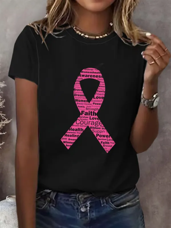 Women'S T-Shirt Women'S Breast Cancer Awareness Printed T-Shirt Pure Cotton Printed Round Neck Short Sleeve