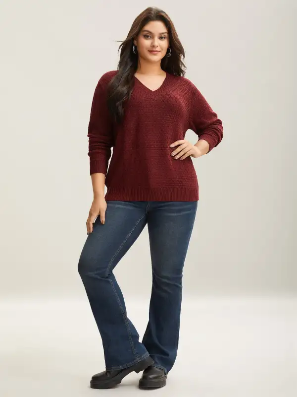 Solid Pointelle Knit V Neck Loose Knit Top