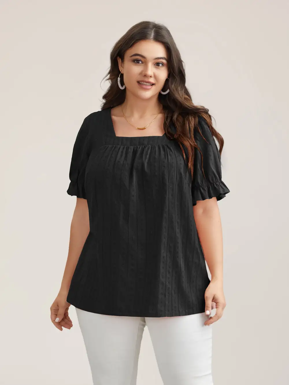 Cotton Square Neck Ruffled Sleeve Shirt