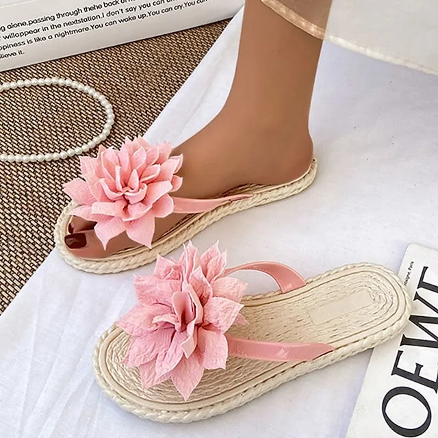 Women's Slippers Boho Bohemia Beach Outdoor Slippers Beach Slippers Outdoor Beach Solid Color Flower Flat Heel Elegant Casual PVC Loafer Black Pink Green
