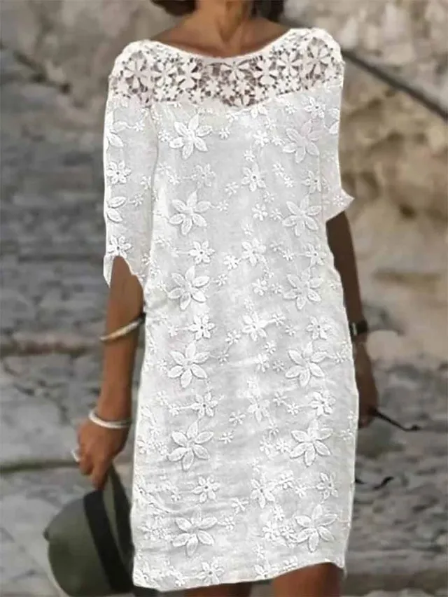 Women's Casual Dress Cotton Linen Dress Midi Dress Polyester Modern Casual Daily Vacation Crew Neck Lace Print Half Sleeve Summer Spring Fall 2023 Regular Fit White Floral S M L XL 2XL