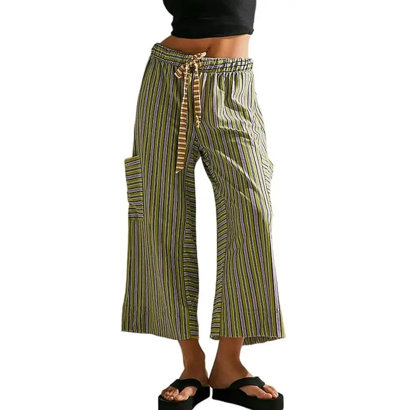 Women’s Striped Wide-Leg Pants-Drawstring, Loose Fit, Pockets