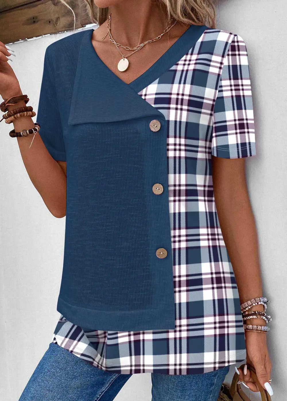 Patchwork Floral Print V Neck T Shirt