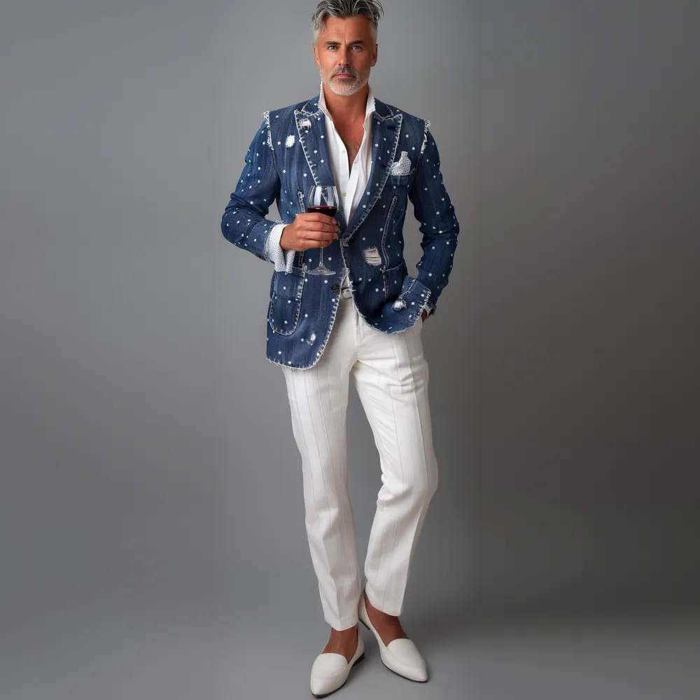 Men's Vintage Raw Edge Dots Denim Blazer