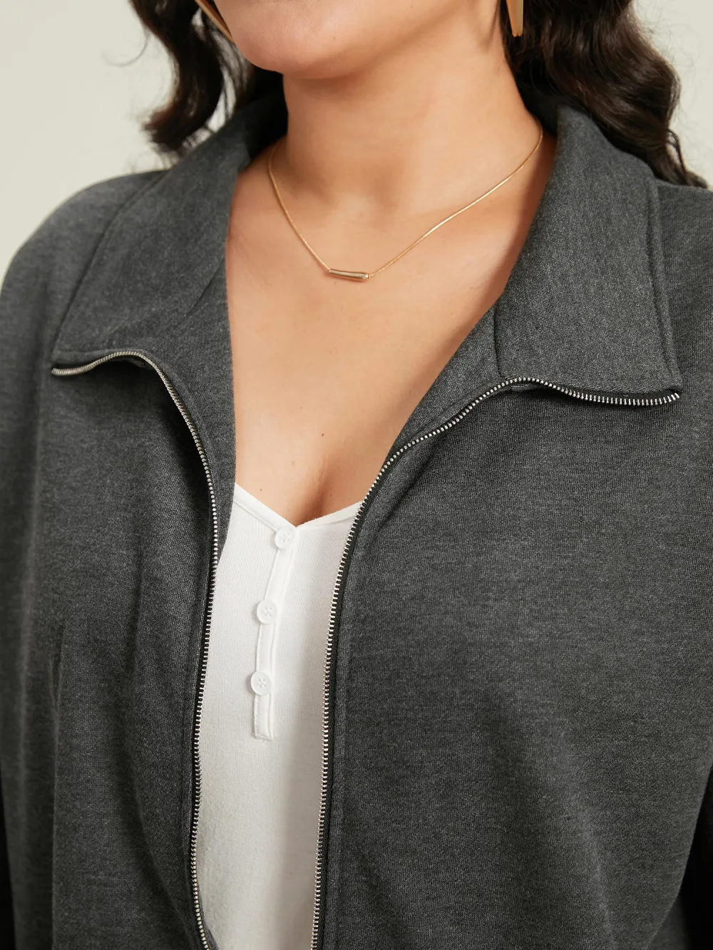 Lapel Collar Zip-Front Pockets Jacket