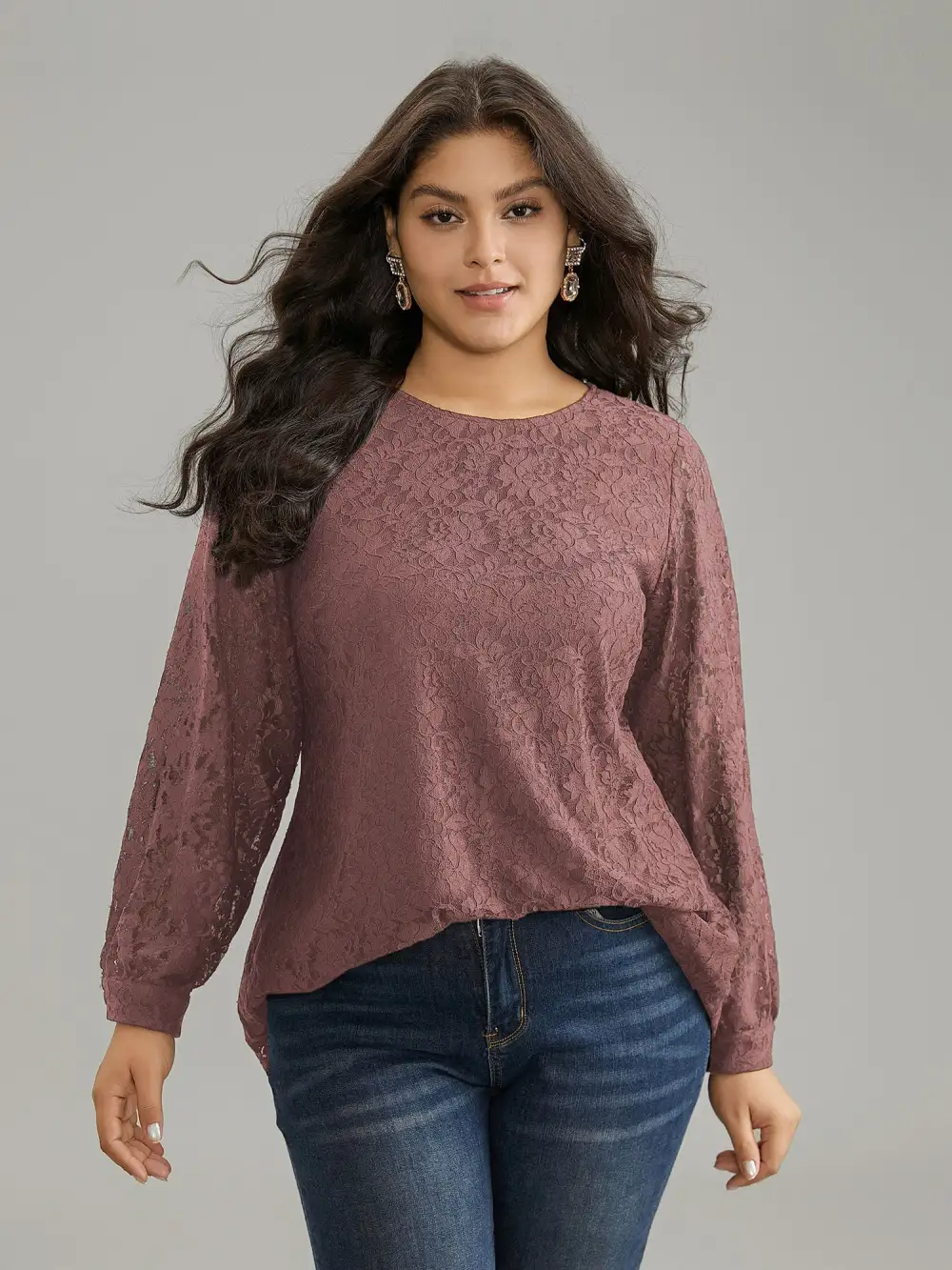 Solid Crochet Lace Mesh Crew Neck Blouse