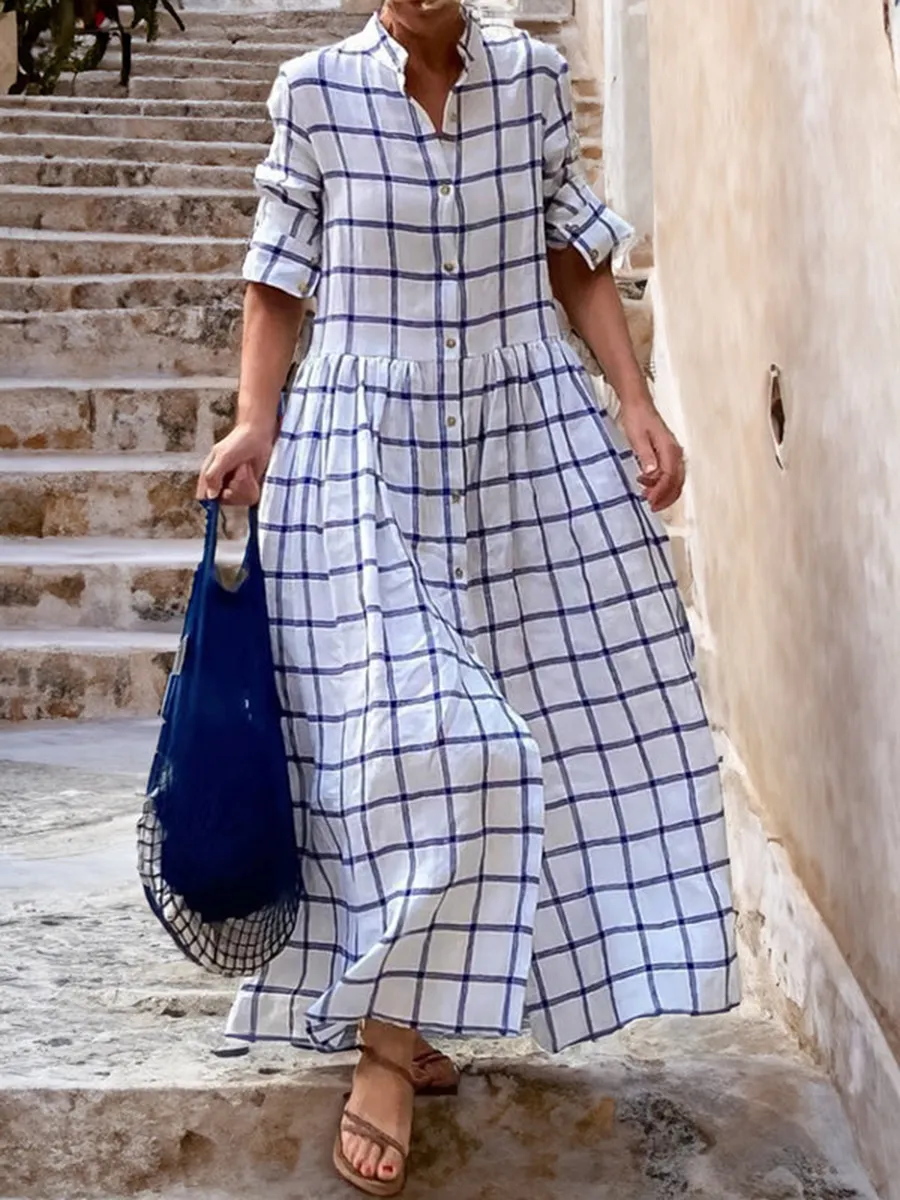Casual Simple Plaid Loose Maxi Dress