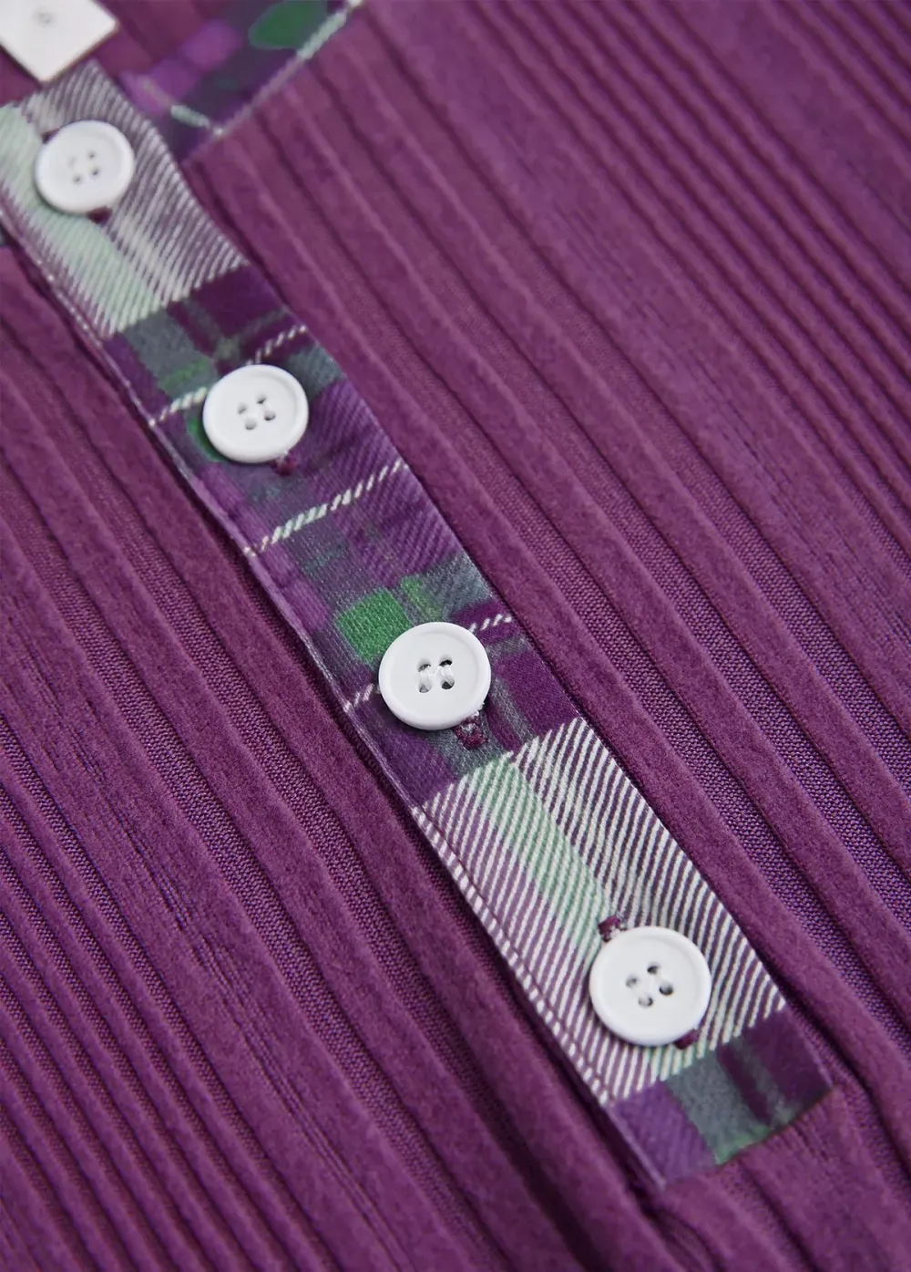 Purple Button Plaid Long Sleeve Split Neck Sweatshirt